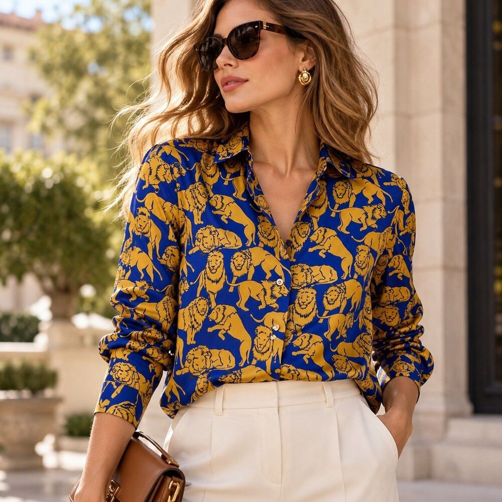 J.CREW Collection Silk Twill Blue Gold Lion Print Button-Up Shirt Women’s 0 NWOT